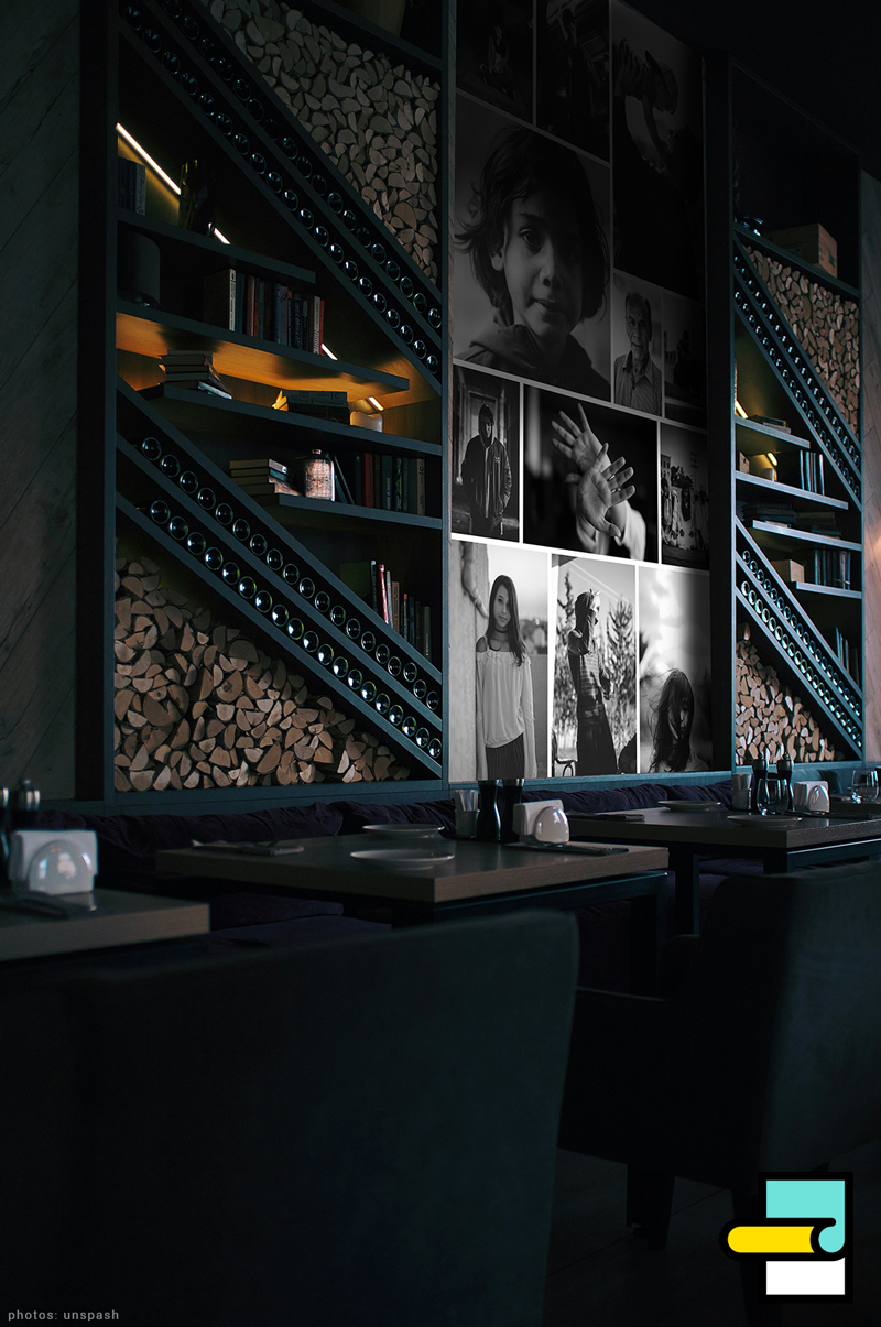 Mat-zwart-wit-foto-behang-collage-restaurant